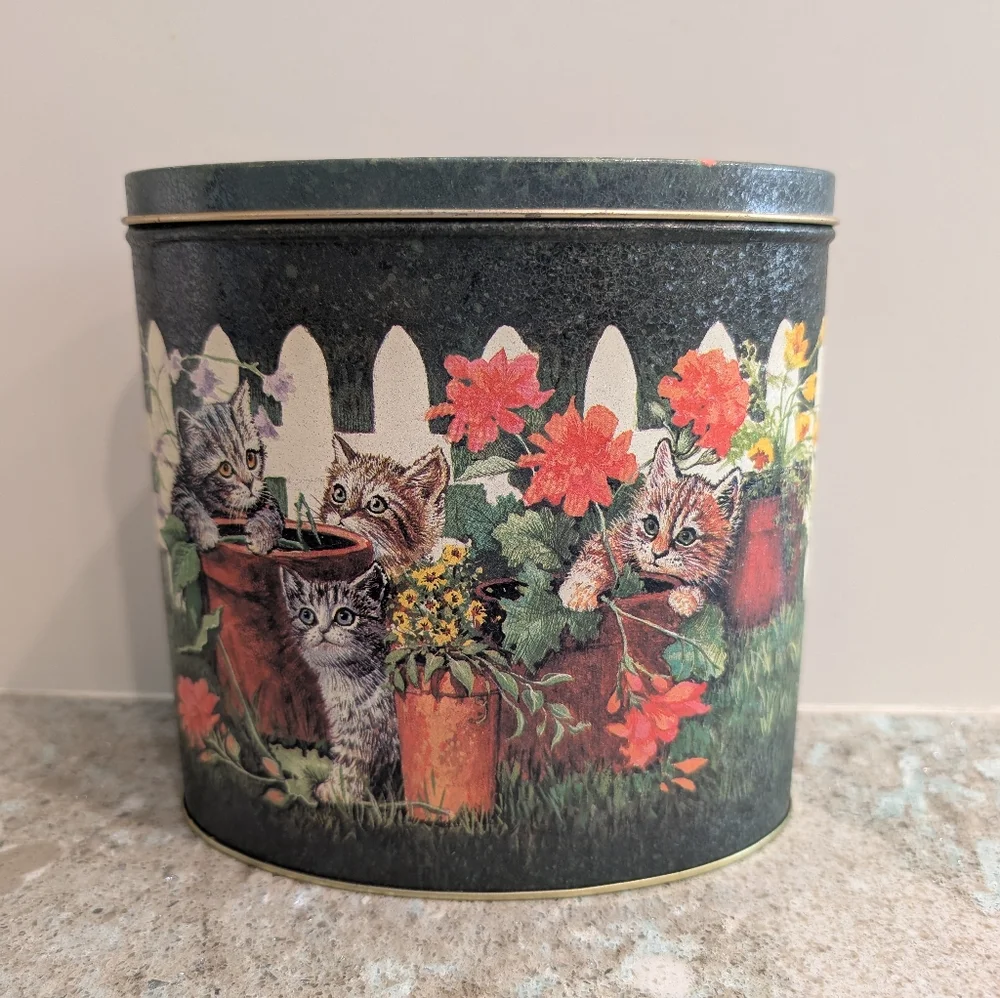 Vintage Oval Tin with Kittens Flowers and Pots